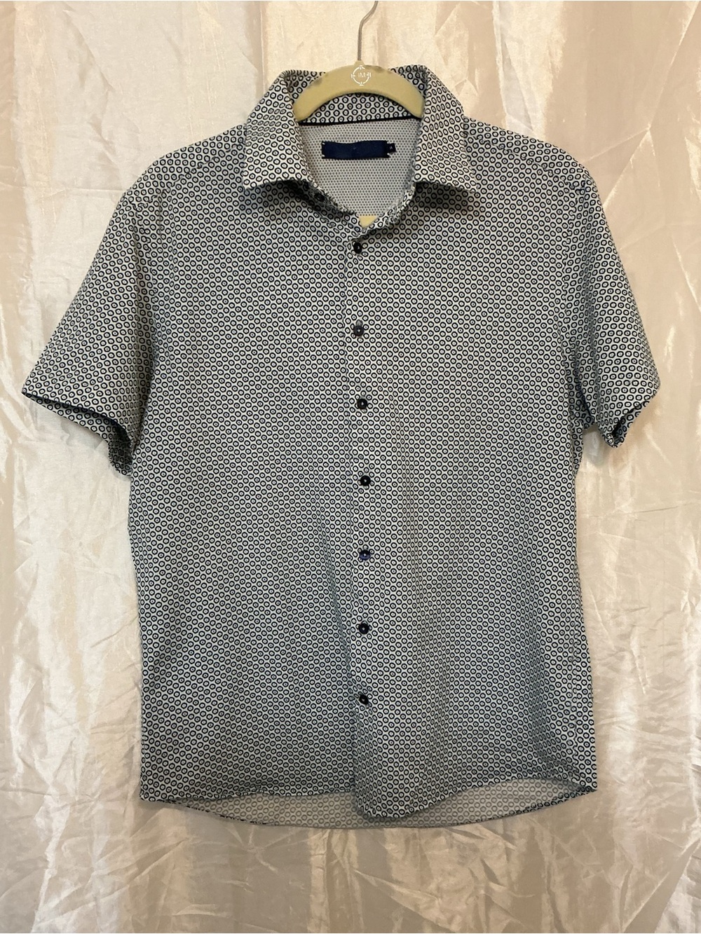 Men's Short Sleeve Printed Button-Up Shirt - Navy/White